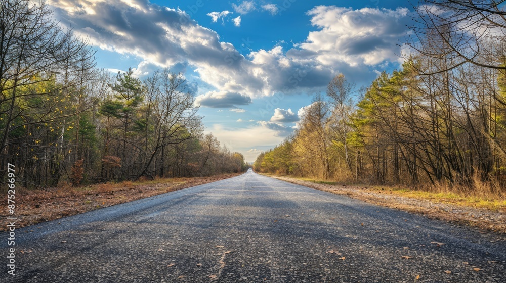Obraz premium Empty road in summer through leafless forest with sky