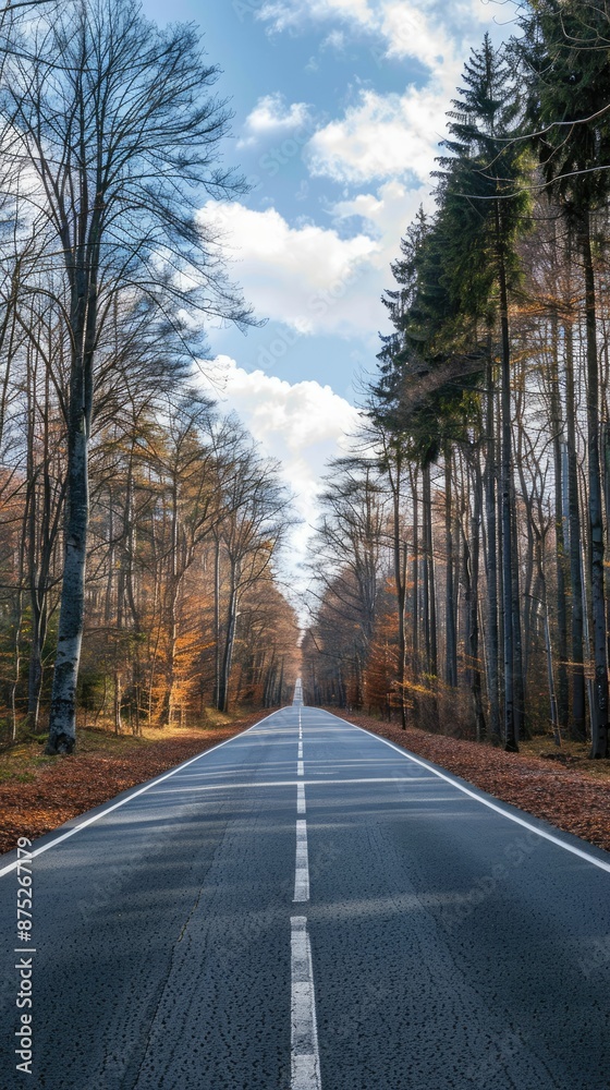 Fototapeta premium Empty road in summer through leafless forest with sky 