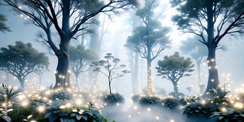 llustrate a dreamlike forest with glowing, bioluminescent plants and ethereal light beams breaking through the canopy photo