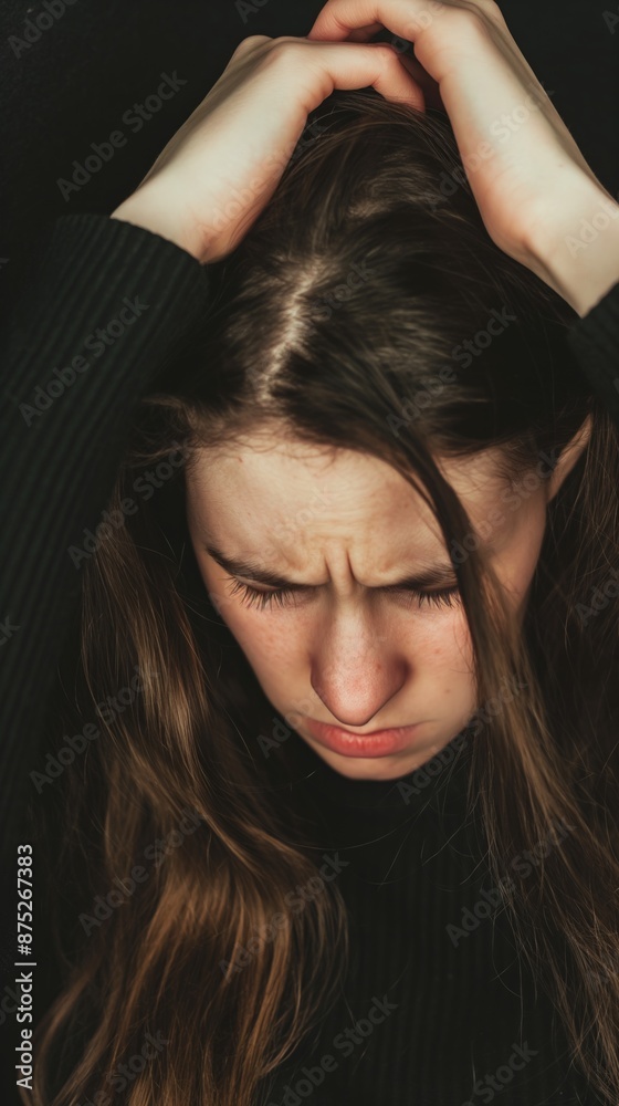 Obraz premium Close-up of a woman with her hands on her head