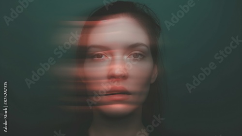 A woman's face is blurred with a motion effect in front of a green background