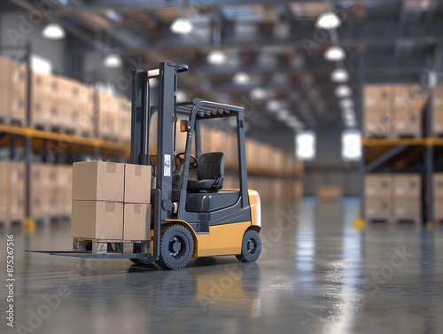 Forklift indoors in a warehouse with boxes. Neural network AI generated art © Dmytro