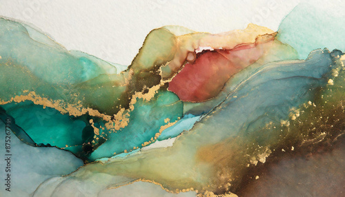 Abstract Fluid Art Painting with Gold Accents Featuring Earthy Hues of Red, Orange, Green, and Blue, Emulating a Serene Natural Landscape with Subtle Textural Contrasts. Alcohol whatercolor ink photo