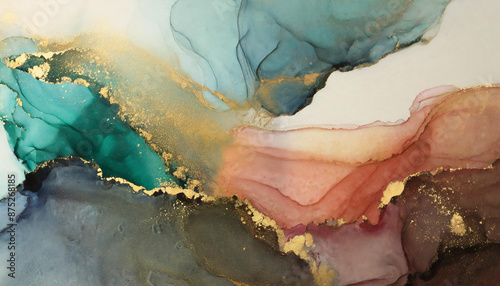 Abstract Fluid Art Painting with Gold Accents Featuring Earthy Hues of Red, Orange, Green, and Blue, Emulating a Serene Natural Landscape with Subtle Textural Contrasts. Alcohol whatercolor ink photo