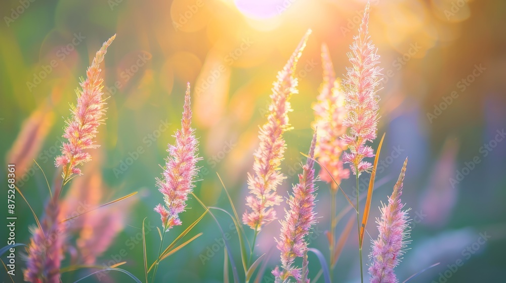 Grass flowers in nature background with sunset Soft focus beautiful flowers in the garden
