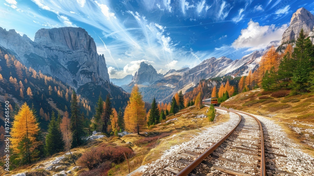 Fototapeta premium Landscape with train and tracks through a mountain path