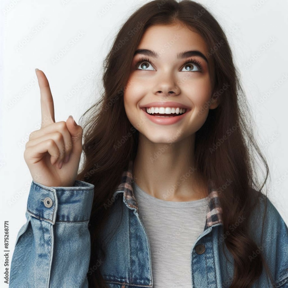 Happy positive young lady pointing her finger up on white background Happy positive young lady pointing her finger up on white background