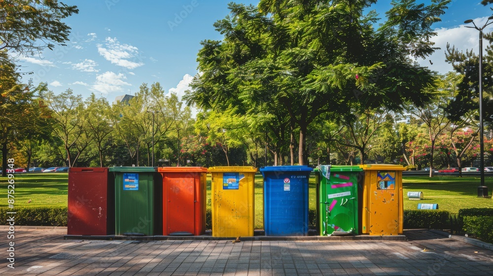 Six colorful recycling bins lined up on a sidewalk in a park. The bins are red, green, orange, yellow, blue, and green. Six colorful recycling bins lined up on a sidewalk in a park. The bins are red, green, orange, yellow, blue, and green.