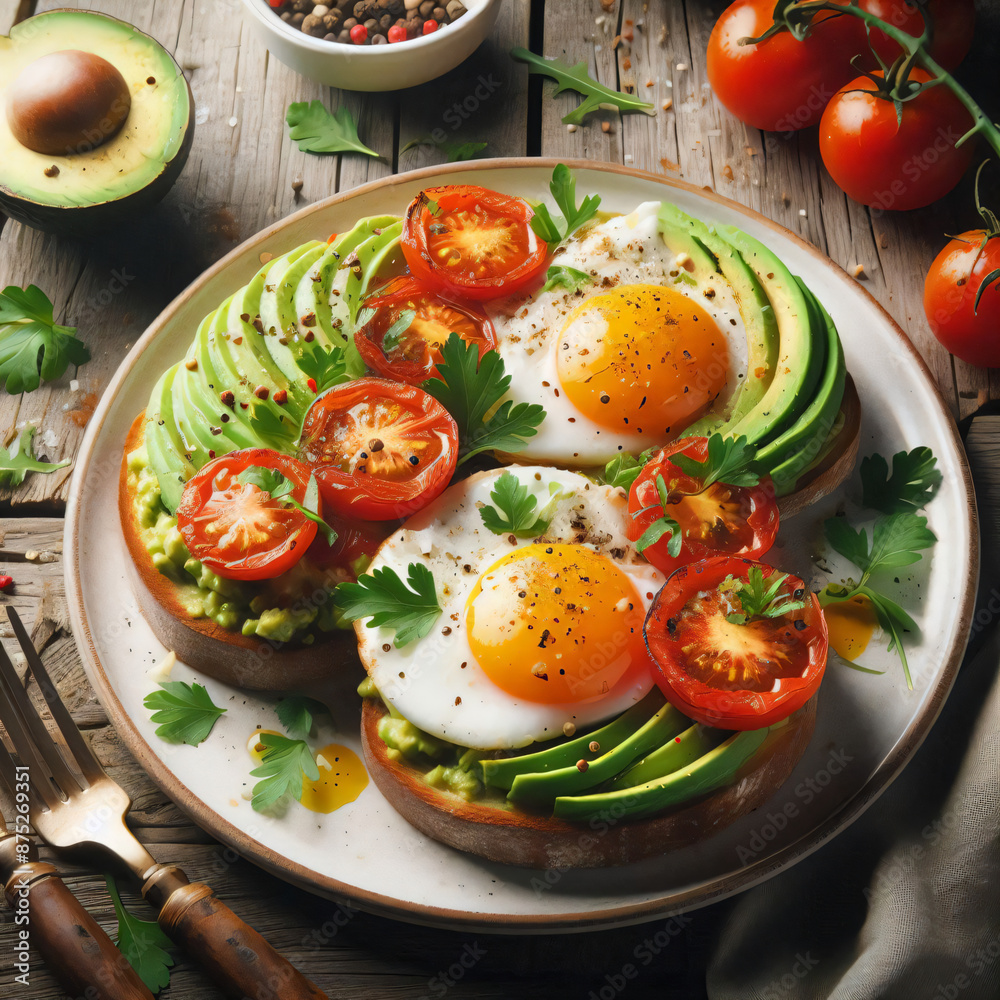 Avocado toast with grilled tomatoes and eggs, on a white plate on a rustic wooden table. Served with fresh arugula and sprinkled with parsley and black pepper Avocado toast with grilled tomatoes and eggs, on a white plate on a rustic wooden table. Served with fresh arugula and sprinkled with parsley and black pepper