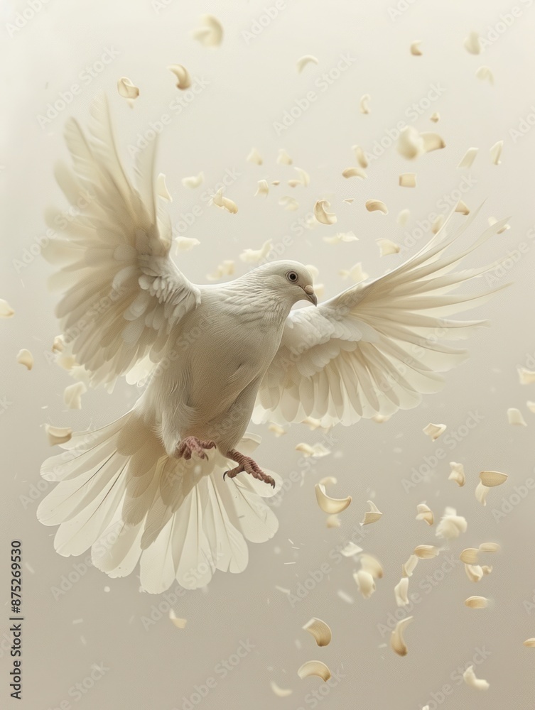 Fototapeta premium White Dove Flying Through Petals