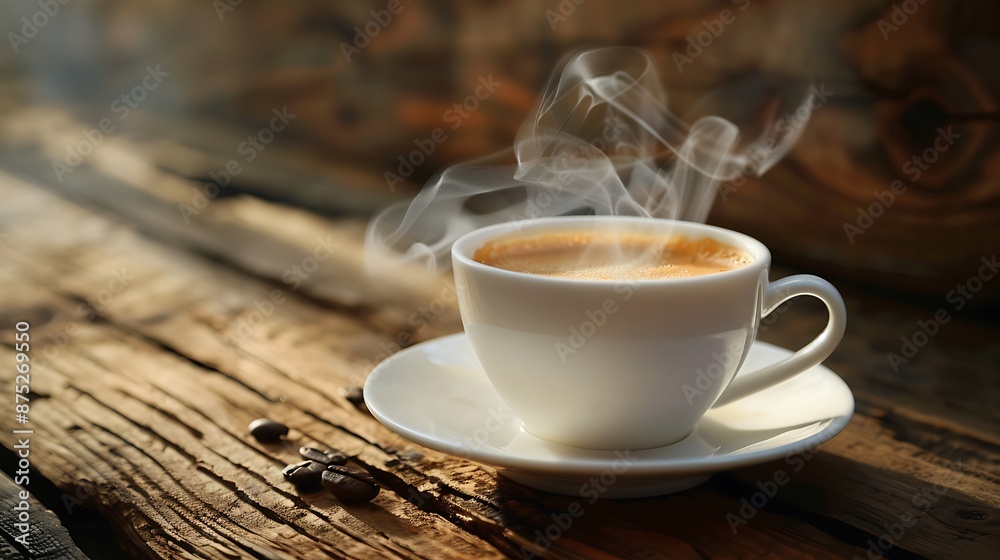 White hot coffee cup with natural steam smoke of coffee on old wooden table White hot coffee cup with natural steam smoke of coffee on old wooden table