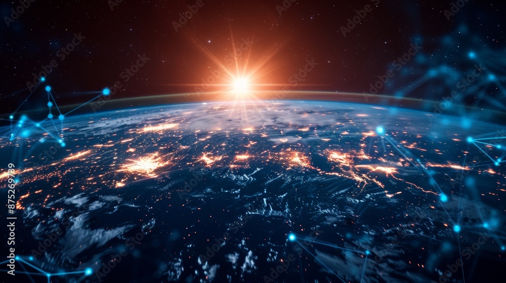 Obraz premium Global network growth concept and data connectivity Abstract science technology data networks around the world convey the connectivity, complexity, and information overload of the modern digital age.