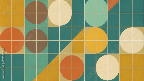 Old grid with colorful shapes in teal, mustard, and olive. Ideal for prints, wallpapers, and decor