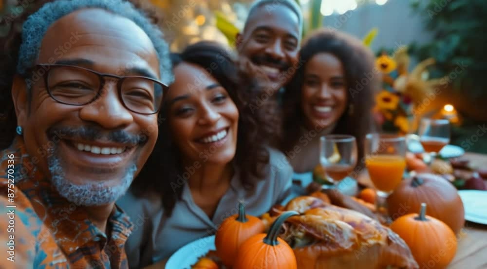 A group of four people are happily posing for a selfie at a festive dinner table adorned with pumpkins and a large roast turkey