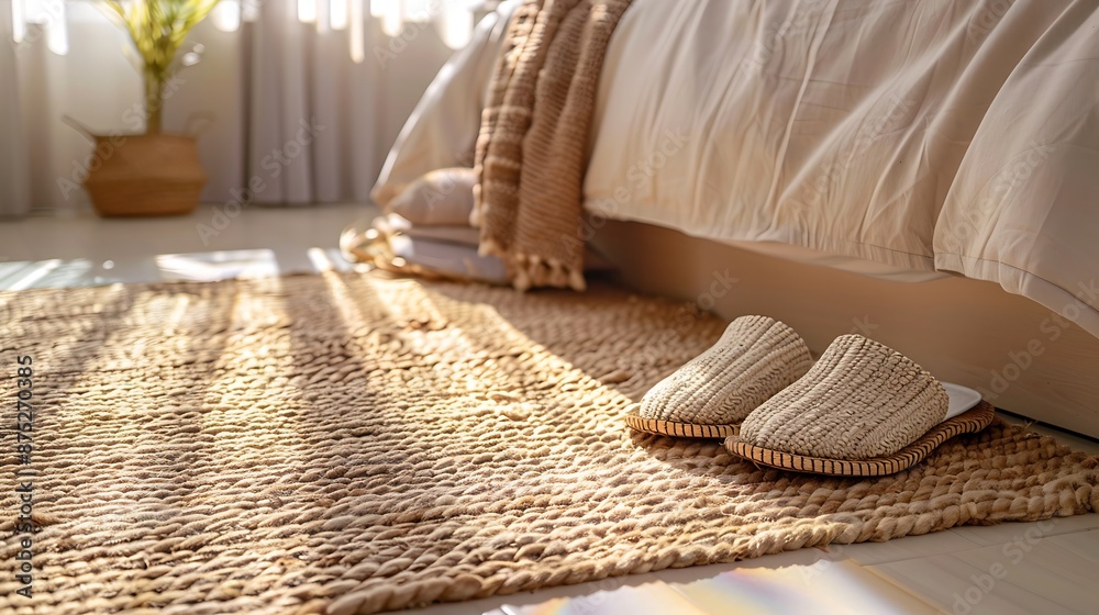 women's moccasins on the rug next to the bed in the bedroom on a light background women's moccasins on the rug next to the bed in the bedroom on a light background