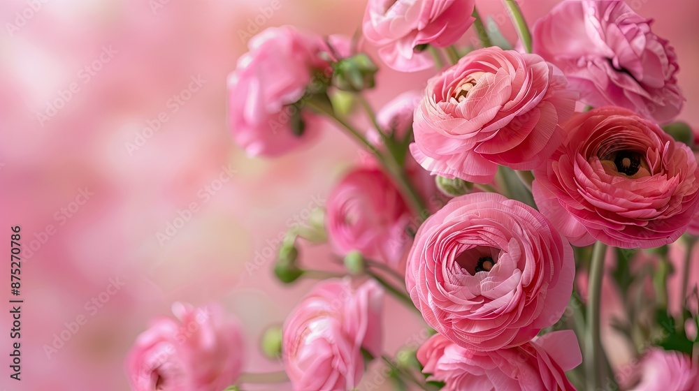 Macro view of pink ranunculus flowers in the corner