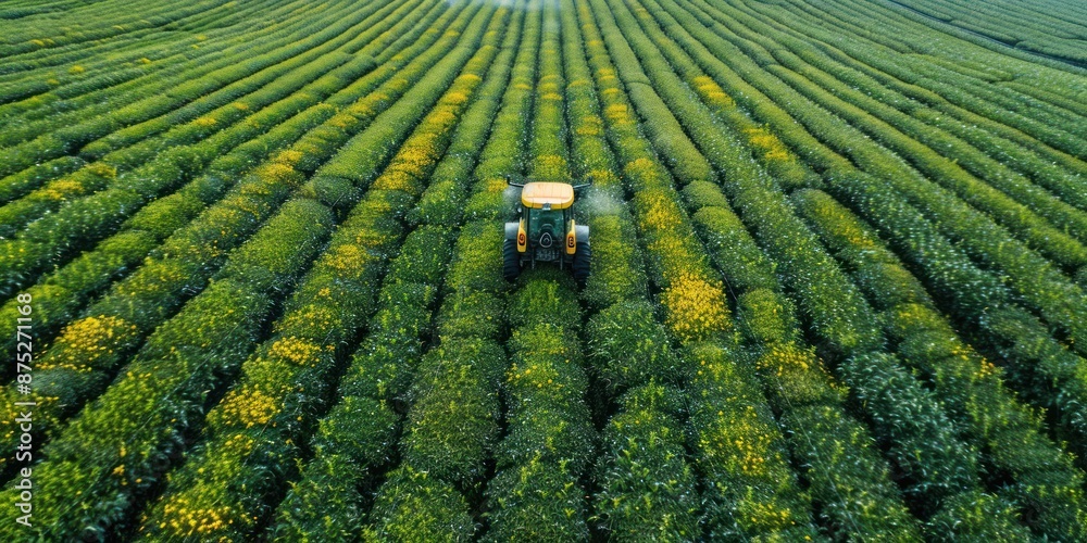 Fototapeta premium Tractor Spraying Tea Plantation in China