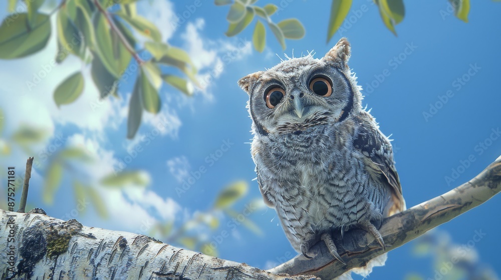 Obraz premium A small, curious baby owl gazes inquisitively from a tree branch under a clear blue sky with soft, wispy clouds.