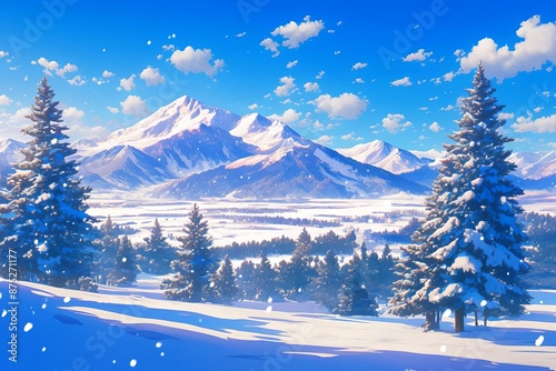 Anime winter mountain background, art, wallpaper