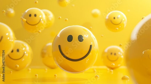 Yellow spheres textured with happy face emoji surrounded by other happy face emojis on yellow background