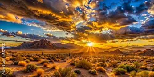Dramatic Sunset Over Desert Mountains, Desert Mountains with Golden Cloud Sunset photo