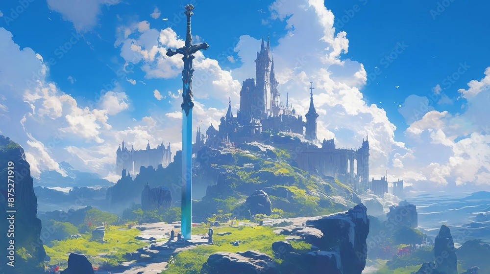 Obraz premium Holy sword Excalibur and Camelot Castle background