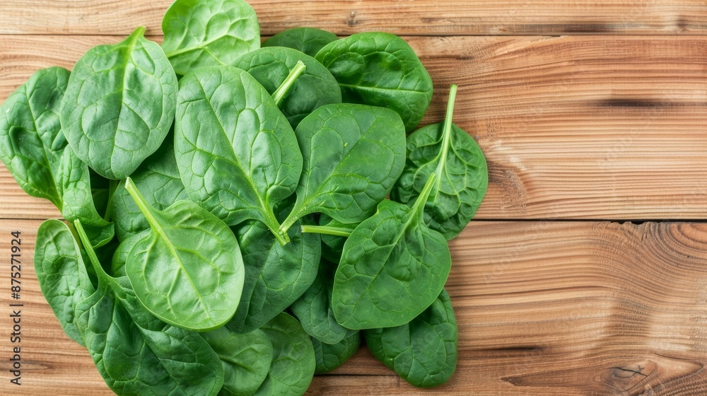 A high-resolution photo of fresh spinach leaves on a wooden surface, focus cover all object, deep dept of field A high-resolution photo of fresh spinach leaves on a wooden surface, focus cover all object, deep dept of field