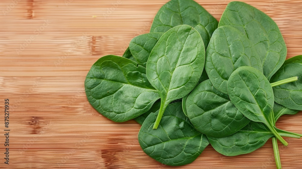 A high-resolution photo of fresh spinach leaves on a wooden surface, focus cover all object, deep dept of field A high-resolution photo of fresh spinach leaves on a wooden surface, focus cover all object, deep dept of field