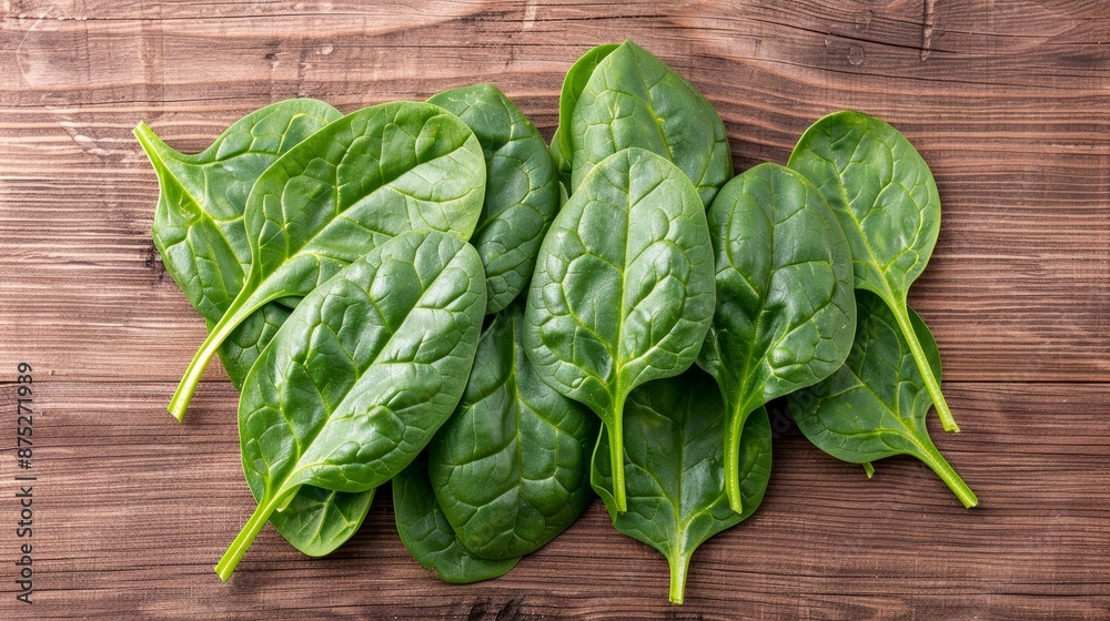 A high-resolution photo of fresh spinach leaves on a wooden surface, focus cover all object, deep dept of field A high-resolution photo of fresh spinach leaves on a wooden surface, focus cover all object, deep dept of field