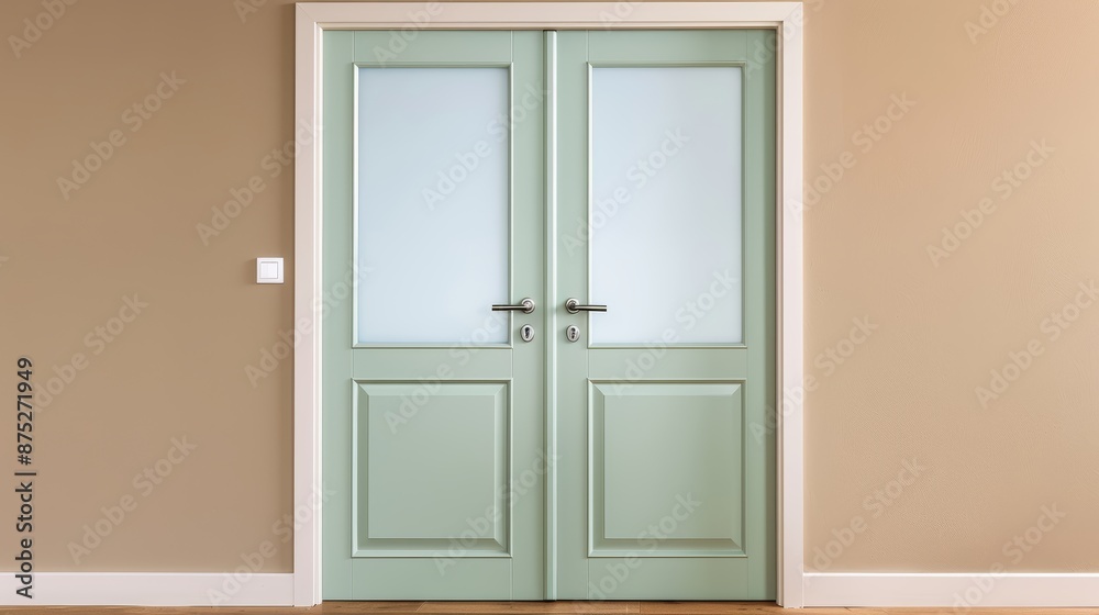 A light green double door with small frosted glass panels, beige walls and wood-grain floors, focus cover all object, deep dept of field A light green double door with small frosted glass panels, beige walls and wood-grain floors, focus cover all object, deep dept of field