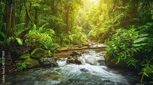 The beautiful rivers and streams in the rainforest are filled with lush greenery in the morning