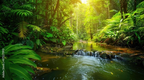 The beautiful rivers and streams in the rainforest are filled with lush greenery in the morning