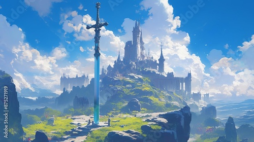Holy sword Excalibur and Camelot Castle background