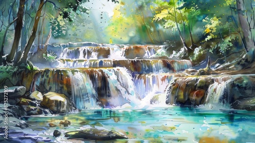 A picturesque watercolor painting of the lush landscapes and cascading waters of Erawan National Park