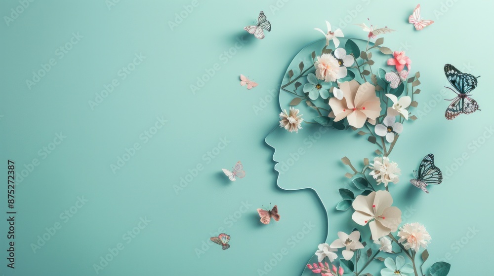 silhouette of a person in profile with butterflies coming out. world health day concept silhouette of a person in profile with butterflies coming out. world health day concept