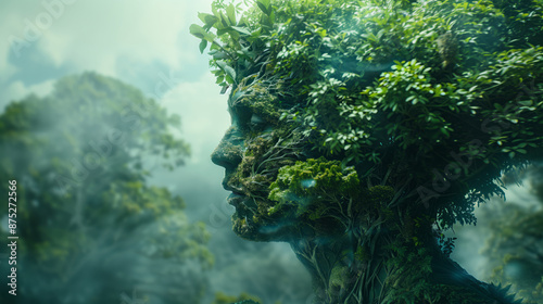  A humanoid figure with moss and plants growing on their head, standing in the forest with a foggy background