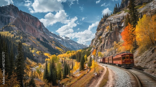 Train driving through mountain path photo