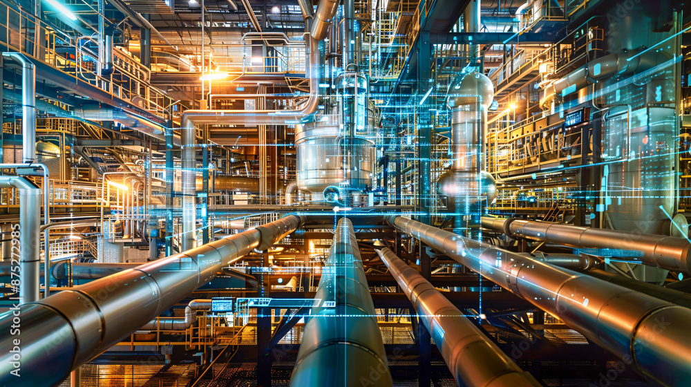 Fototapeta premium Industrial plants with mixed holographic images showcasing modern technology and advanced machinery