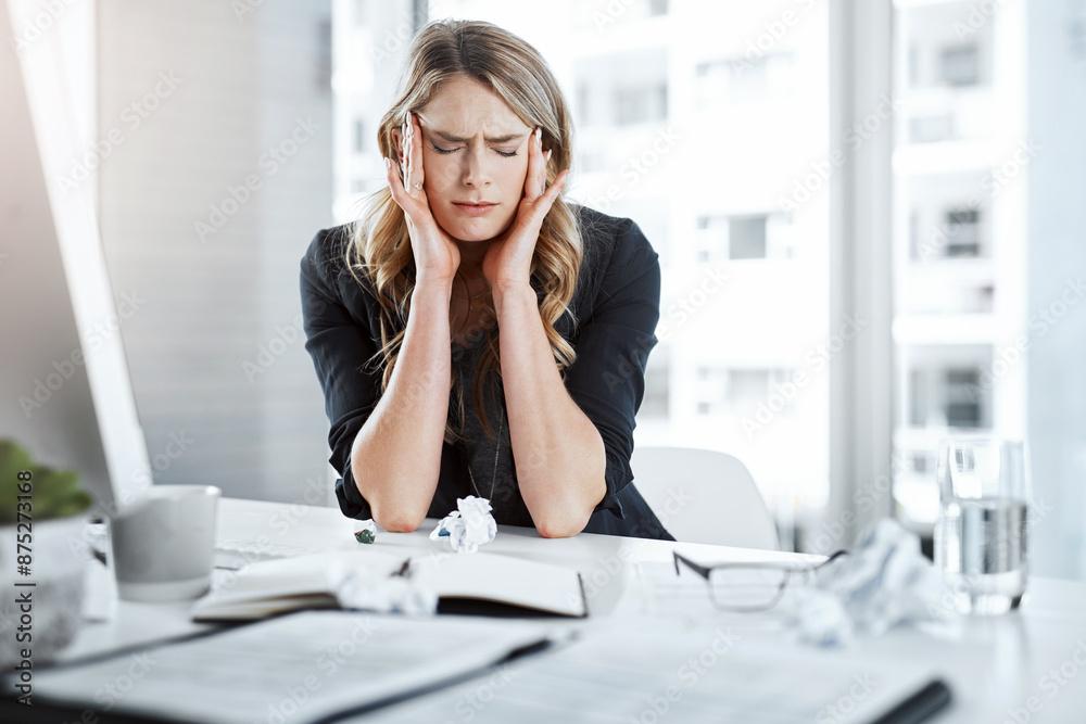 Business, woman and stress with headache in office from eye strain, overworked and mistake for work deadline. Professional, employee and migraine at desk with fatigue, burnout or anxiety for workload Business, woman and stress with headache in office from eye strain, overworked and mistake for work deadline. Professional, employee and migraine at desk with fatigue, burnout or anxiety for workload