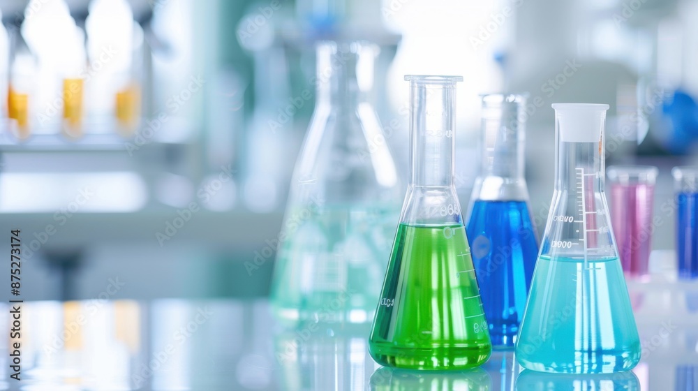 A table with several glass beakers of different colors, including green, blue A table with several glass beakers of different colors, including green, blue