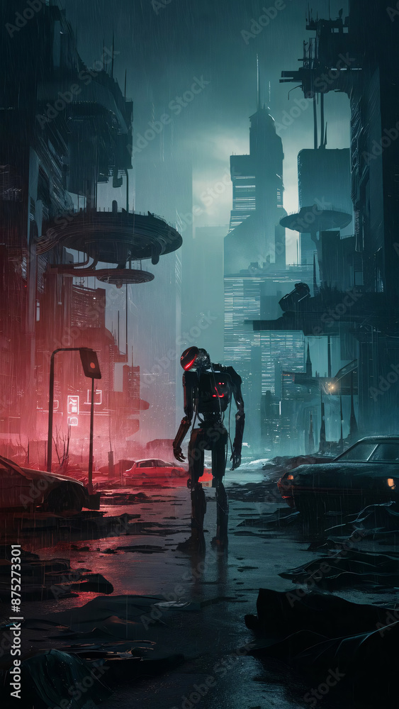 VR ruins: Neon ghost city, robot witness. Rain falls, silence reigns. VR ruins: Neon ghost city, robot witness. Rain falls, silence reigns.