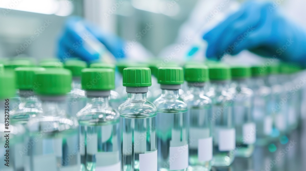 A row of green bottles with white labels A row of green bottles with white labels