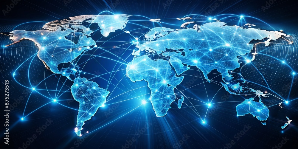Fototapeta premium Global Network Connection - Digital World Map with Glowing Lines