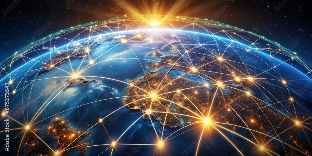 Fototapeta premium Global Network Connection - Earth with glowing lines, night view, technology concept