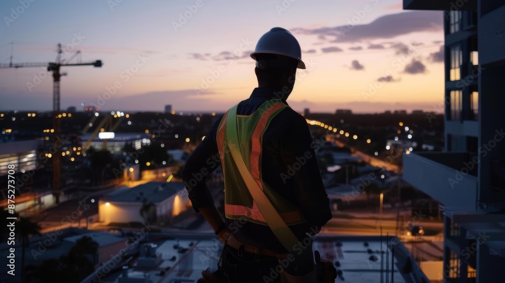 Manager silhouette interacting with maintenance schedules, active property site, dusk, aerial view, photorealistic Manager silhouette interacting with maintenance schedules, active property site, dusk, aerial view, photorealistic