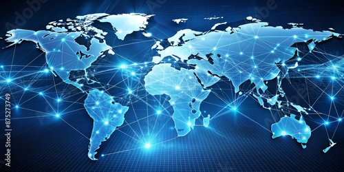 Global Network Connection - World Map with Digital Lines and Glowing Nodes