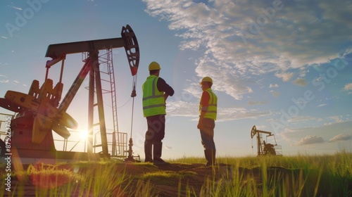 Managers silhouette, overseeing oil extraction, backlit field, mid angle, photorealistic