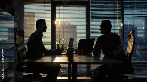 Managers silhouette, overseeing legal operations, backlit office, mid angle, photorealistic