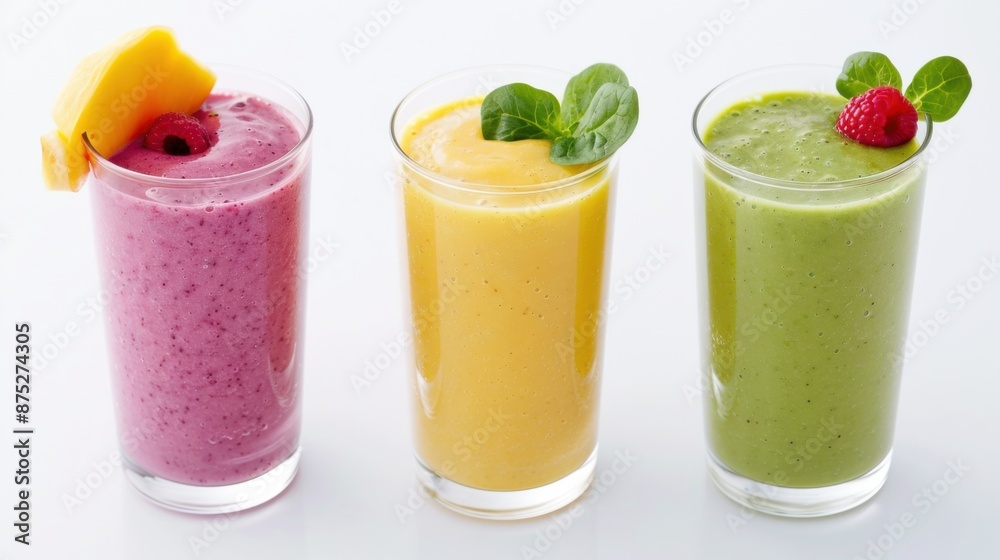 Three glasses of smoothies with different colors and garnishes Three glasses of smoothies with different colors and garnishes