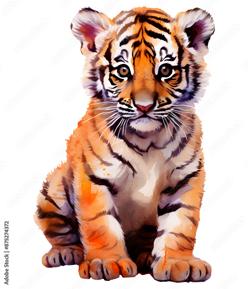 Obraz premium Watercolor illustration of a tiger cub with orange and black stripes on a white background.